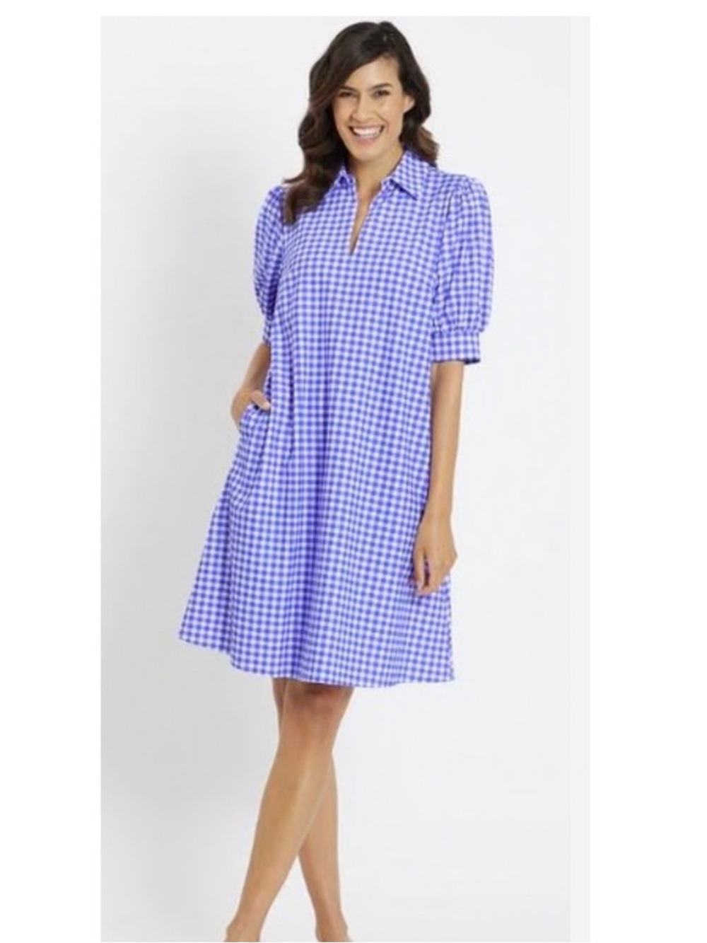 Jude Connally Blue & White Gingham Midi Puff Sleeve Dress